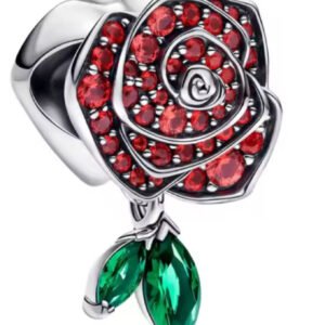Σύμβολο τριαντάφυλλο με κόκκινα πετράδια και πράσινο φύλλο ασήμι 925
