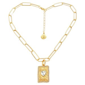 Κολιέ με κρεμαστό τετράγωνο μενταγιόν με καρδιά και γυαλιστερά ζιργκονακια ατσάλι