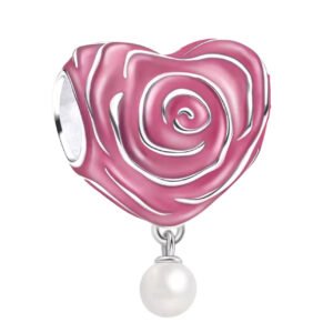 Σύμβολο καρδιά ροζ τριαντάφυλλο με κρεμαστό μαργαριτάρι ασήμι 925