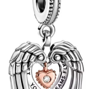 Σύμβολο κρεμαστή καρδιά με φτερά ανοιγόμενη και ροζ χρυσή λεπτομέρεια ασήμι 925