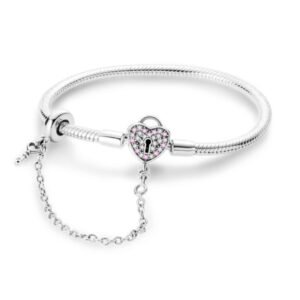 Βραχιόλι ασήμι 925 με αλυσίδα ασφαλείας καρδιά λουκέτο με πετράδια - 21cm