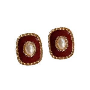 Σκουλαρίκια vintage με πέρλα χρυσά μπορντώ  ορθογώνια ατσάλι