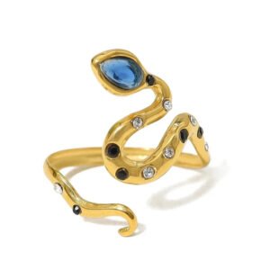 Δαχτυλίδι φίδι με μπλε πέτρα και - μαύρα ζιργκονακια αυξομειώνεται  ανοξείδωτο ατσάλι