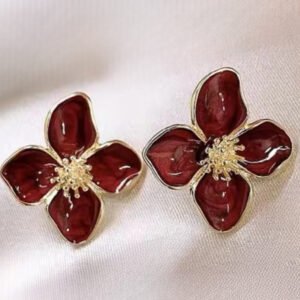 Σκουλαρίκια λουλούδι μπορντώ με χρυσές λεπτομέρειες ατσάλι