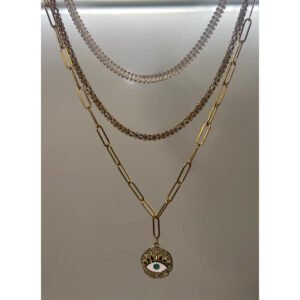 Κολιέ τριπλή σειρά με κρυσταλλάκια και charm μάτι ατσάλι