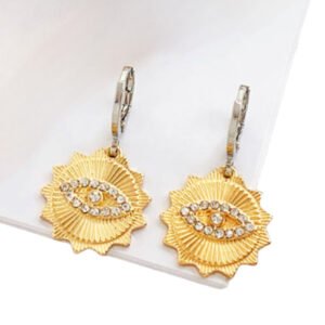 Σκουλαρίκια κρεμαστά μάτι χρυσό- ασημι με γυαλιστερά ζιργκονακια ατσάλι