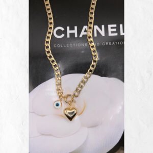 Κολιέ αλυσίδα με κρεμαστή καρδιά και μάτι χρυσό ατσάλι