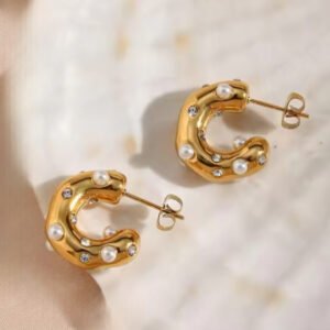 Σκουλαρίκια κρίκοι χρυσοί με μαργαριταρακια και ζιργκονακια ατσάλι