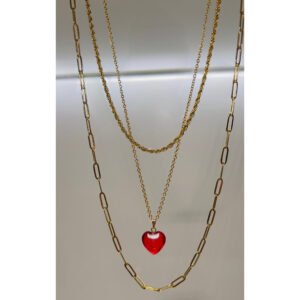 Κολιέ τριπλή σειρά με κόκκινη καρδιά ατσάλι