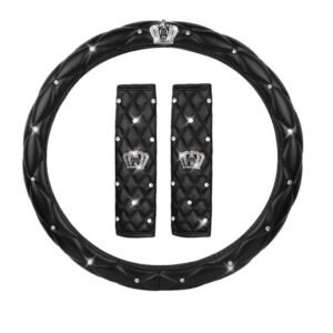 Αξεσουαρ Σετ κάλυμμα τιμονιού καπιτονε μαύρο με στρασάκια και κορώνα με δερμάτινα μαξιλαράκια ζώνης