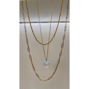 Κολιέ τριπλή σειρά με λευκή διάφανη καρδιά ατσάλι