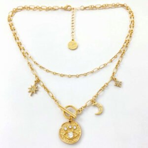 Κολιέ διπλό ματι με φεγγάρι και αστέρι με γυαλιστερά ζιργκονακια ατσάλι 45cm